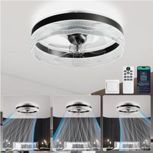 kejector Low Profile Ceiling Fan with Light,20 Inch Fandelier Ceiling Fans with Lights and Remote App Control,360Oscillation Bladeless Flush Mount LED Fan Light for Bedroom Living Dining Room