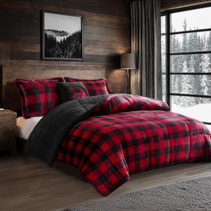 Woolrich Reversible Comforter Set Ultra Soft Plush to Sherpa, Down Alternative, Cold Weather Winter Warm Bedding, with Matching Sham, Decorative Pillow Red/Black Buffalo Check King 4 Piece