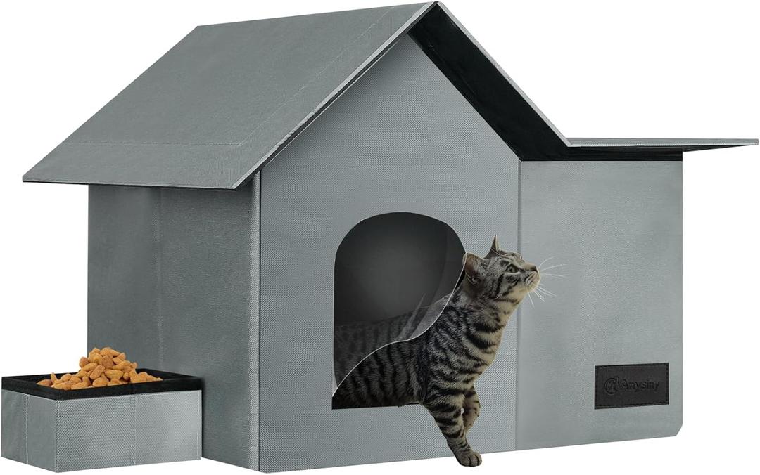 Cat Houses for Outdoor Cats-Large Weatherproof Cat Bed for Indoor Cats,Collapsible Warm Feral Cat Shelter with Removable Soft Mat and Bowl for Winter (Gray, Large)