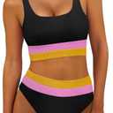 ANRABESS Bikini Sets for Women Summer 2026 High Waisted 2 Piece Bathing Suit Tummy Control Swimsuit Color Block Swimwear, Size Large 