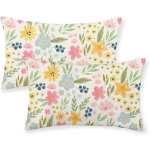 Spring Pillow Covers 12x20 Set of 2 Watercolor Yellow Pink Blue Floral Throw Pillows Summer Spring Flowers Leaf Print Decor Pillowcase Farmhouse Outdoor Decorations Cushion Case for Couch Home