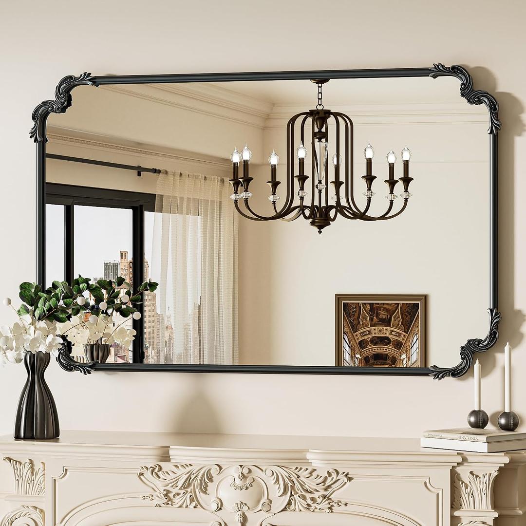 Baroque Antique Black Scroll Wall Mirror 48 x 30 Vintage Rectangle Framed Baroque French Rectangular Mirror for Mantle Fireplace Bathroom Living Room, Horizontal/Vertical
