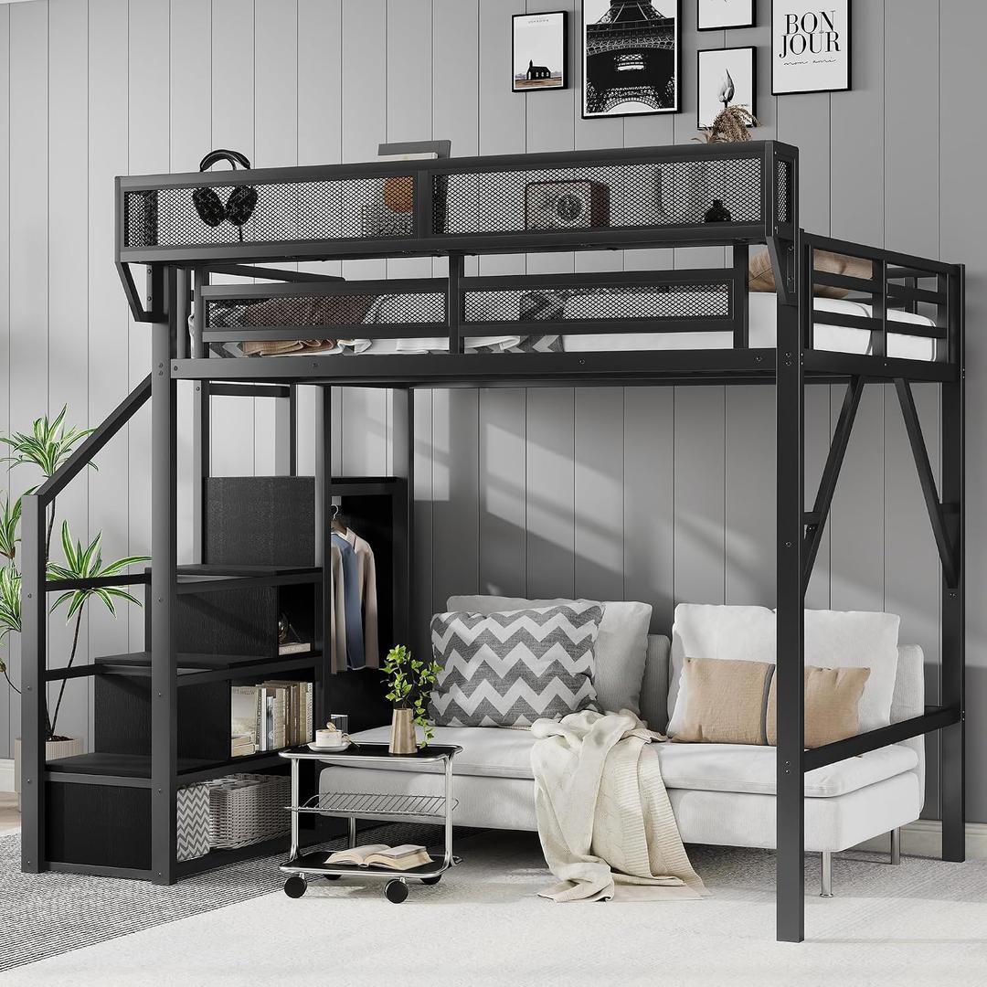 Full Size Metal Loft Bed Frame with Convertible Staircase, Built-in Storage Shelves and Wardrobe, Loft Bed with Solid Slats, Guardrail, No Box Spring Required, Easy Assembly, for Bedroom, Black