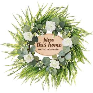 Green Eucalyptus Wreath with Flower and Welcome Sign, 20" Artificial Spring Summer Decorations for Front Door Wall Window Farmhouse Porch Patio Garden Decor
