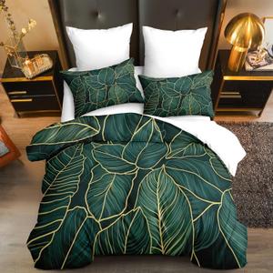 Green Comforter Set Queen Size Botanical Palm Leaves Bedding Set 3 Pcs Western Tropical Palm Leaf Soft Breathable Comforter