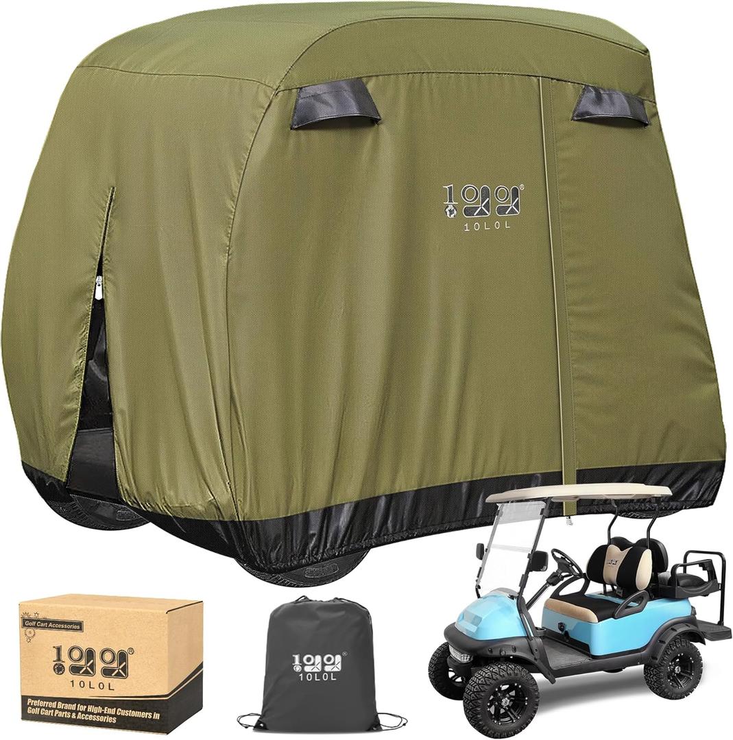 10L0L Passenger Golf Cart Cover Fits for Yamaha EZGO Club Car, 420D Waterproof Durable Polyester Golf Cart Cover with Three Zipper Doors Windproof Sunproof - Black/Army Green/Sliver  L- For 2/2+2/4 Passenger Cart