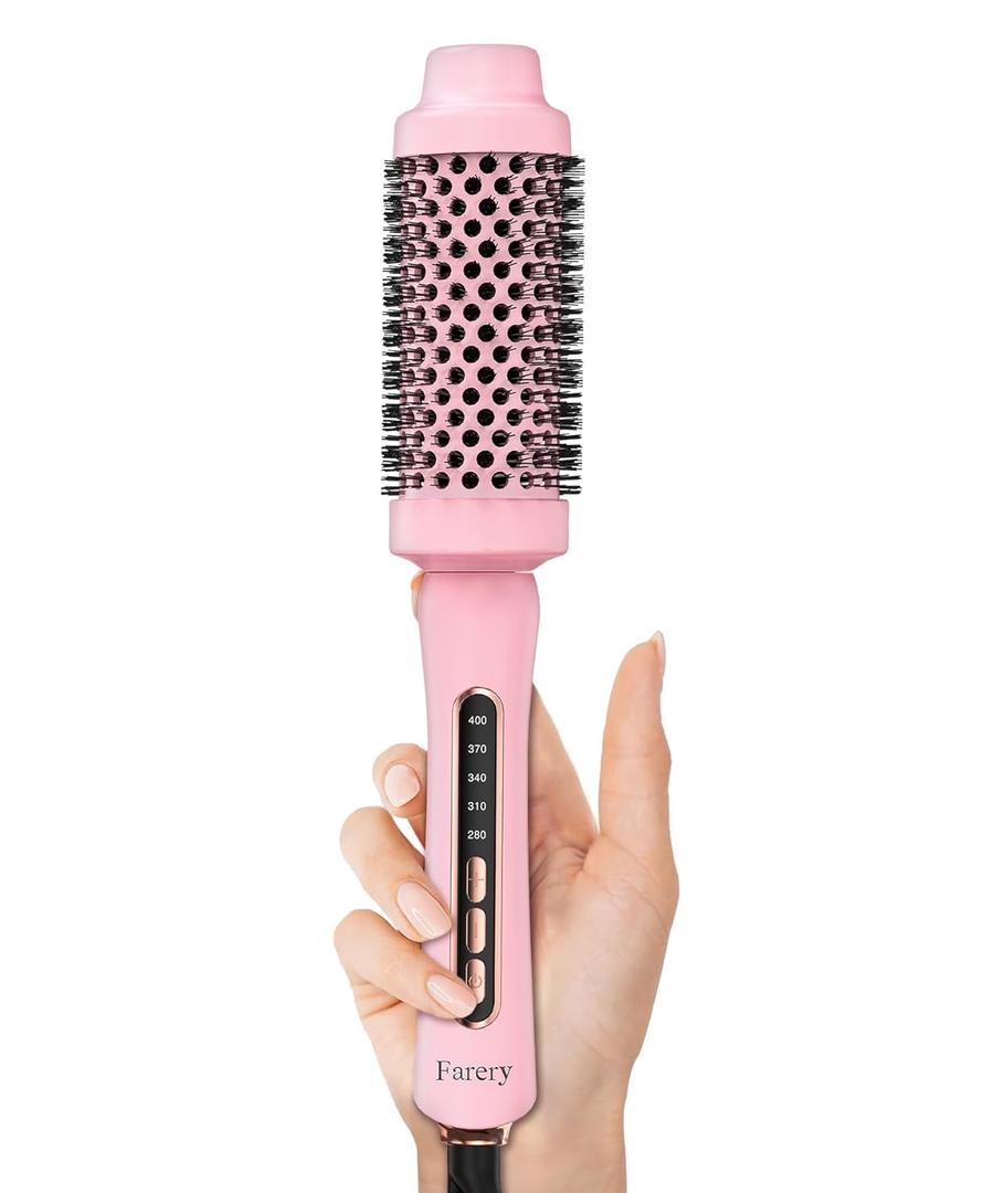 Upgraded Farery Thermal Brush, Non-Blowing Heated Round Brush, 1 3/4 Inch Hot Curling Brush with Adjustable Temp, Easier & Faster & Smoother, Dual Voltage for Travel, Longer Lasting Bristles (Pink)