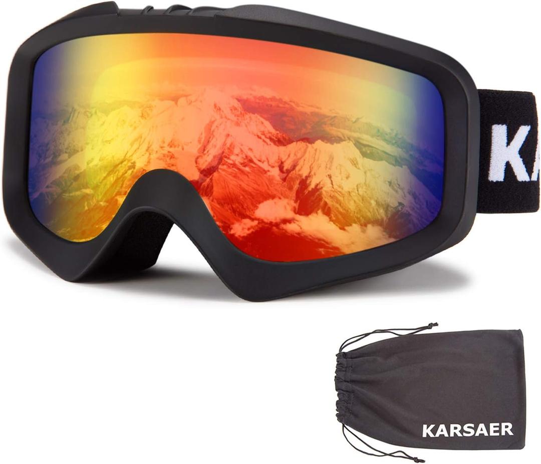 Karsaer Ski Goggles Anti-Fog Snow Goggles OTG 100% UV Protection Snowboard Goggles Bendable Dual-Lenses for Men Women Youth, Matte Black Frame Red Mirrored Lens Vlt 15%