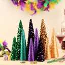 Yuntau 10 Pcs 10" 8" 6" Mardi Gras Glitter Cone Tree Decorations Cone Tree Centerpiece Tabletop Ornaments Mardi Gras Table Centerpiece for Indoor Room Wedding Party Holiday Mantle Decoration