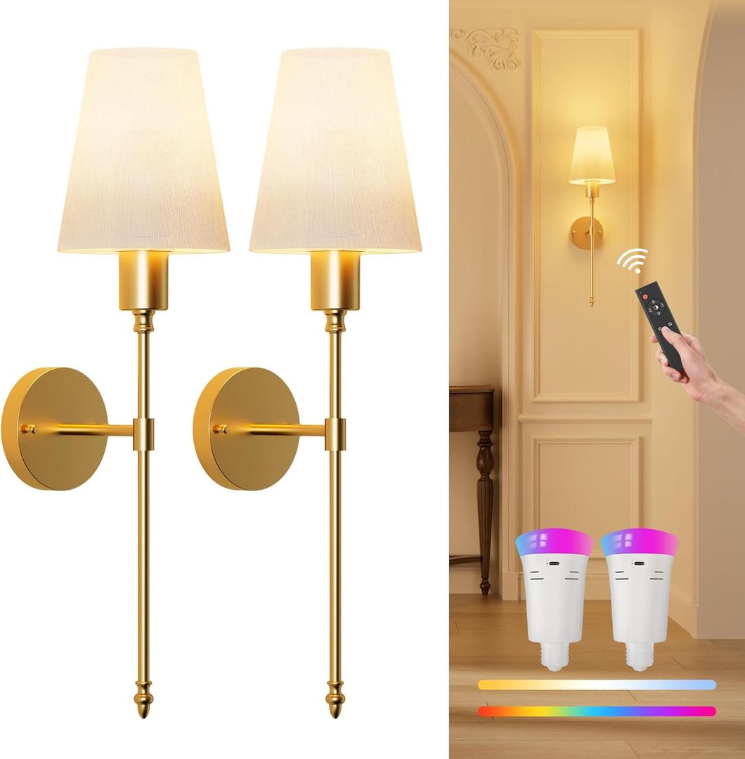 FULEN Wall Sconces Battery Operated Set of 2, 18 Colors Wireless Wall Lights with Remote LED Indoor Wall Sconce Dimmable Detachable Bulbs,10000mAh Rechargeable Battery Powered Wall Lamps for Bedroom