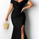 Women Sexy Off Shoulder Prom Evening Gowns Elegant V Neck Short Sleeve Wrap Formal High Split Wedding Guest Dress (Black, XL)