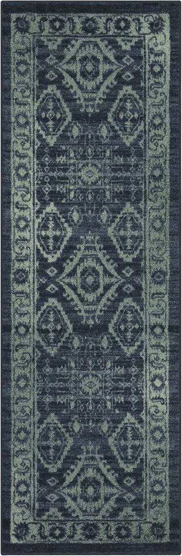 Maples Rugs Georgina Traditional Runner Rug  Made in USA  Washable, Non Slip Indoor Carpet for Hallway, Kitchen, and Laundry Room, 2' x 6', Navy Blue/Green