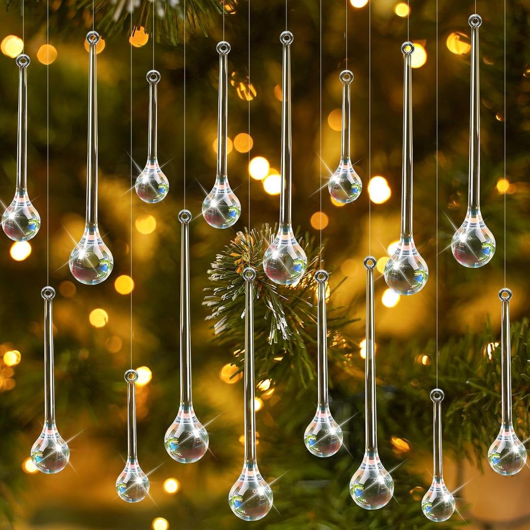 Wettarn 30 Pcs Acrylic Crystal Christmas Balls Ornaments, Clear Crystal Glass Christmas Diamond Ornaments Raindrops with Silver Thread for Hanging Decorations (Water Drop)