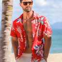 LETSEE Linen Shirts for Men Short Sleeve Blouse Button Down Dress Untuckit Shirts Beach Summer Wedding Hawaiian Outfit (Red, XXL)