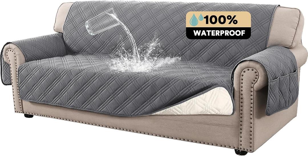 PrinceDeco 100% Waterproof Couch Cover for 3 Cushion Couch Sofa Pet Friendly Non-Slip Couch Cover for Dogs Washable Water Resistant Furniture Protector with Elastic Straps(XL Sofa 78", Grey)
