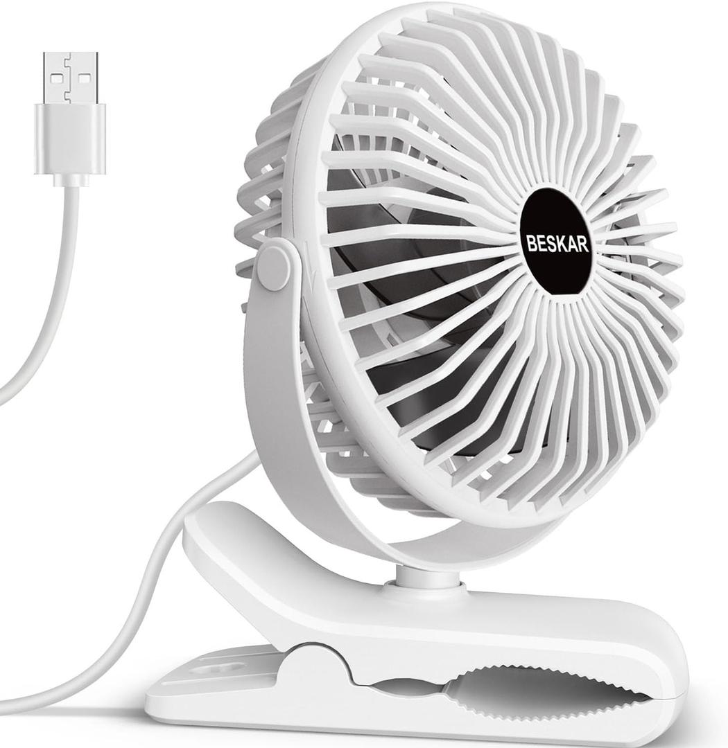 BESKAR Clip on Fan, 360 Rotation Quiet Stroller Fans with Strong Airflow,3 Speeds, Portable Small Fans with Sturdy Clamp,Perfect Personal Cooling Fan for Office Table Bedroom Kitchen (White)