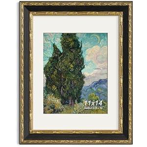 Yaetm 11x14 Vintage Picture Frame, Ornate Antique Gold 11x14 Frame with Real Glass, 1.4-inch Wide Molding, White Mat for 8x10 Photo - Portrait/ Landscape, Wall Mount (Black/ Gold, Single)