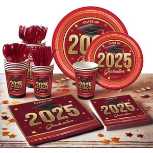 Graduation Decorations Class of 2025 Maroon Burgundy - Complete Disposable Tableware Set for 24 Guests, Includes Paper Plates, Cups, Napkins, Cutlery - Perfect for Graduation class of 2025 Celebration