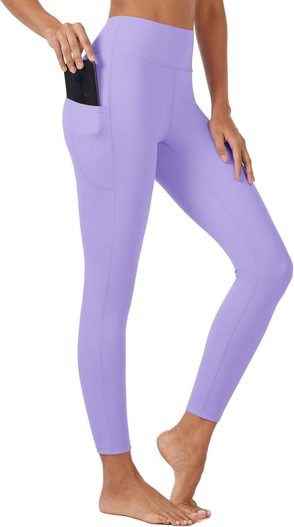 MAGCOMSEN High Waisted Yoga Pants with Pockets for Women 7/8 Tummy Control Athletic Running Leggings Light Purple, XXL