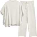 SeeLuNa Women's Two Piece Outfits 3/4 Batwing Sleeve Capelet Crew Neck Pullover Top Wide Leg Pants Lounge Set (S)