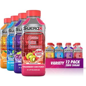 SueroX Zero Sugar Electrolyte Drink for Hydration and Recovery, Unique Blend of Electrolytes & 8 Ions, Zero Calorie Sports Drink, 21.3 Fl Oz, Variety Pack, 12 Count, Best By: DEC 28 2025