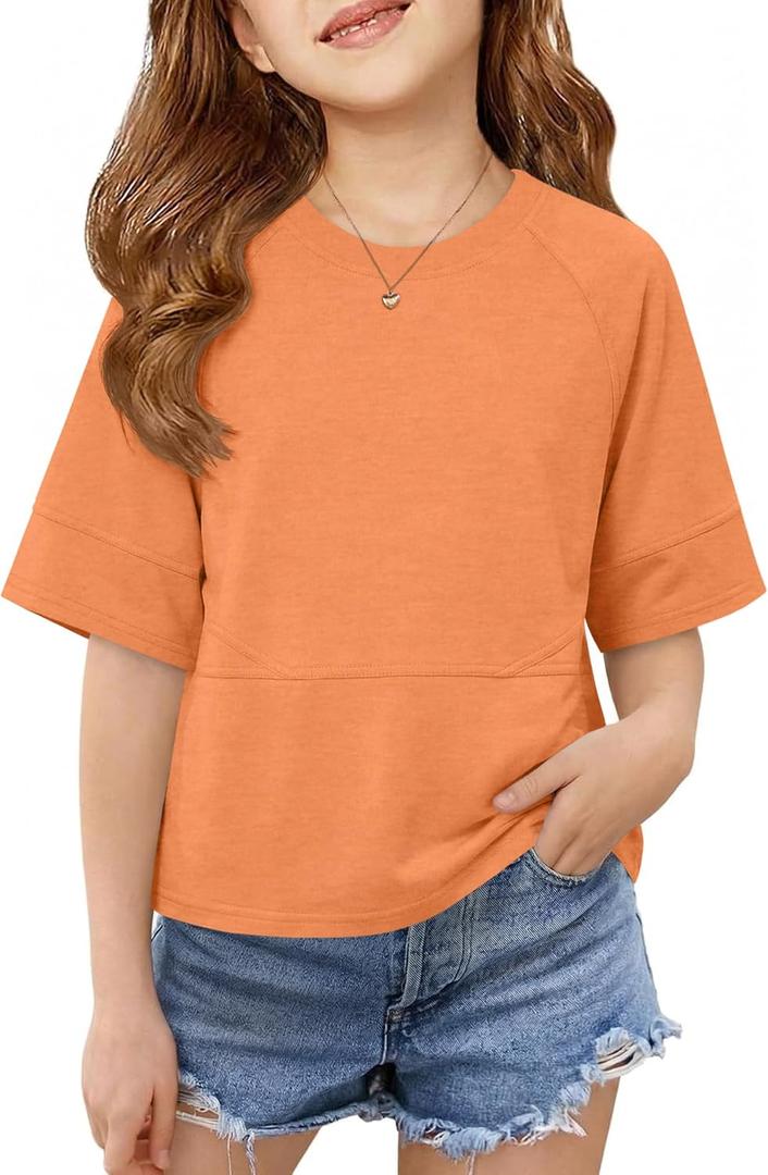 Girls Shirts Kids Raglan Short Sleeve T Shirts Summer Crewneck Oversized Crop Top Basic Tees 5-14Y (Orange)