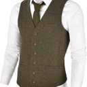 VOBOOM Men's Slim Fit Herringbone Tweed Suits Vest Premium Wool Blend Waistcoat (XX-Large, Khaki)