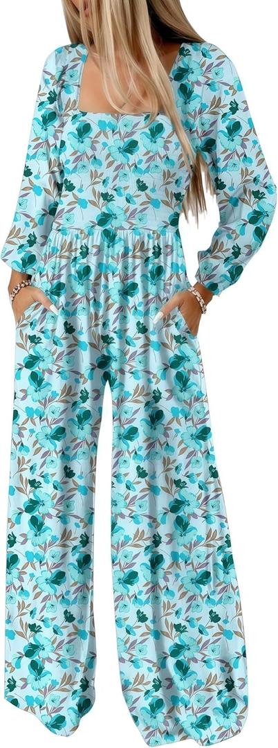 RONGTAI Womens Jumpsuit Casual Loose Overalls One Piece Long Sleeve Floral Printed Wide Leg Pant Rompers With Pockets (Blue, S)