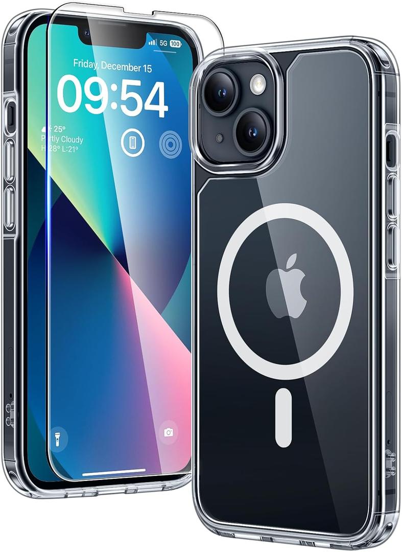 TAURI 2 in 1 Magnetic for iPhone 13 Case, [Compatible with MagSafe] [with 1X Screen Protectors] Not-Yellowing, Military-Grade Protection Slim Phone Case for 13 Cover, Clear, 6.1"