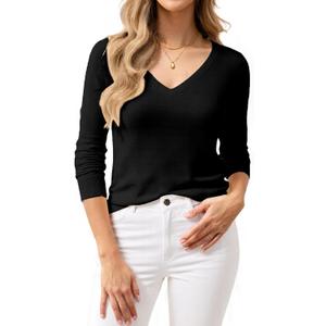 Women's 100% Cotton Sweaters Long Sleeve Lightweight Knit Solid Soft Pullover Tops (Large, B-black)