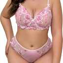 WDIRARA Women's Plus Size Floral Embroidery Mesh Underwire Lingerie Set Bra and Panty Set (3X-Large Plus, Pink)