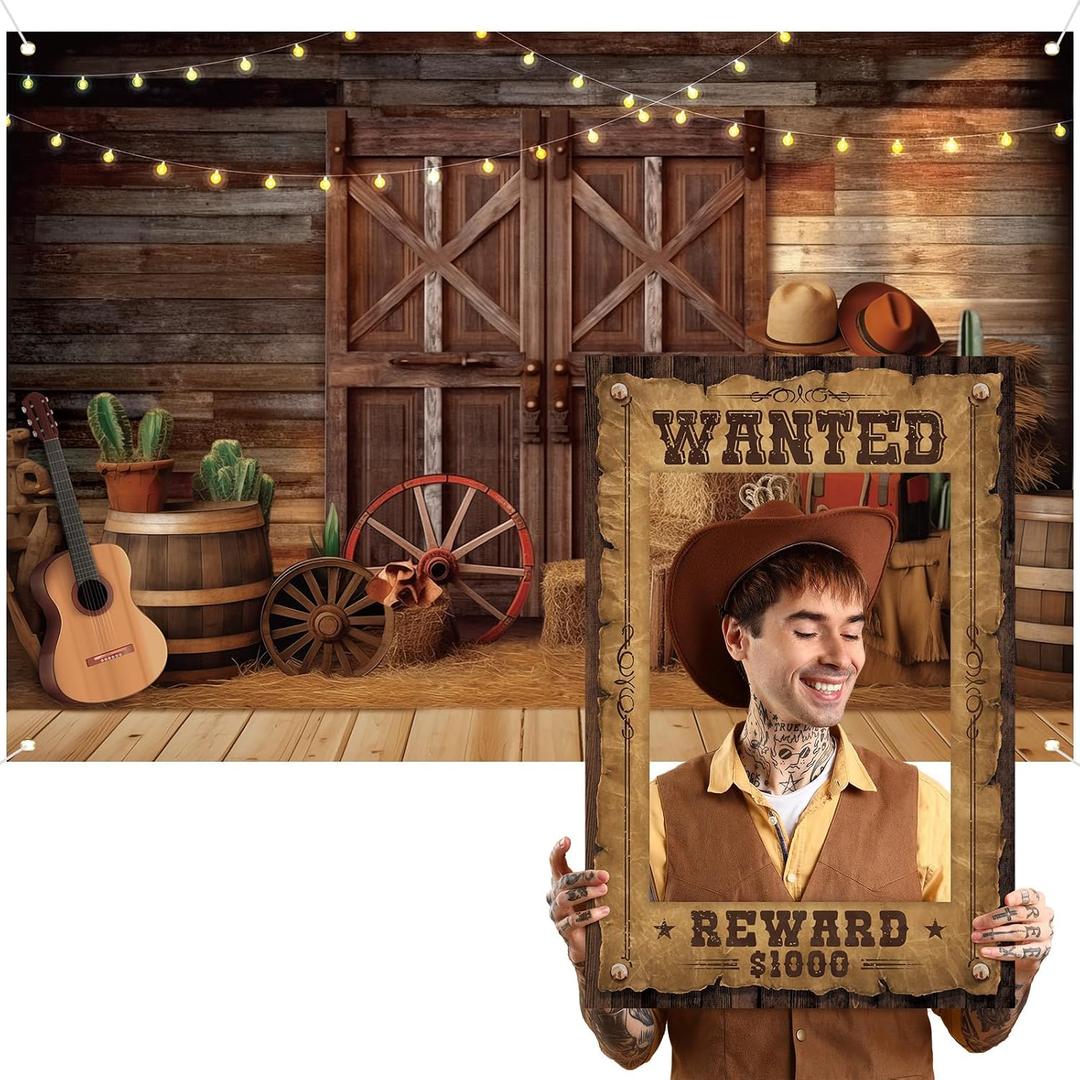 Motipuns Western Party Decorations Wanted Poster Frame Wild West Backdrop Cowboy Photo Booth Set 7 x 5 ft Rustic Barn Door Vintage Background for Birthday Rodeo Party
