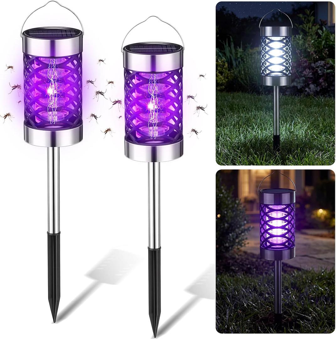 2 Pcs Solar Bug Zapper Outdoor Mosquito Killer Lamp with LED Lights Waterproof Grid Cylinder Mosquito Repellent Killer Zapper with High Voltage Electric for Garden Patio Yard(Black,21.2 Inch)