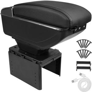 Center Console Armrest Storage Box with Double Layer Organizer, Black PU Leather Armrest Cover with USB Charging Ports for Car Truck SUV
