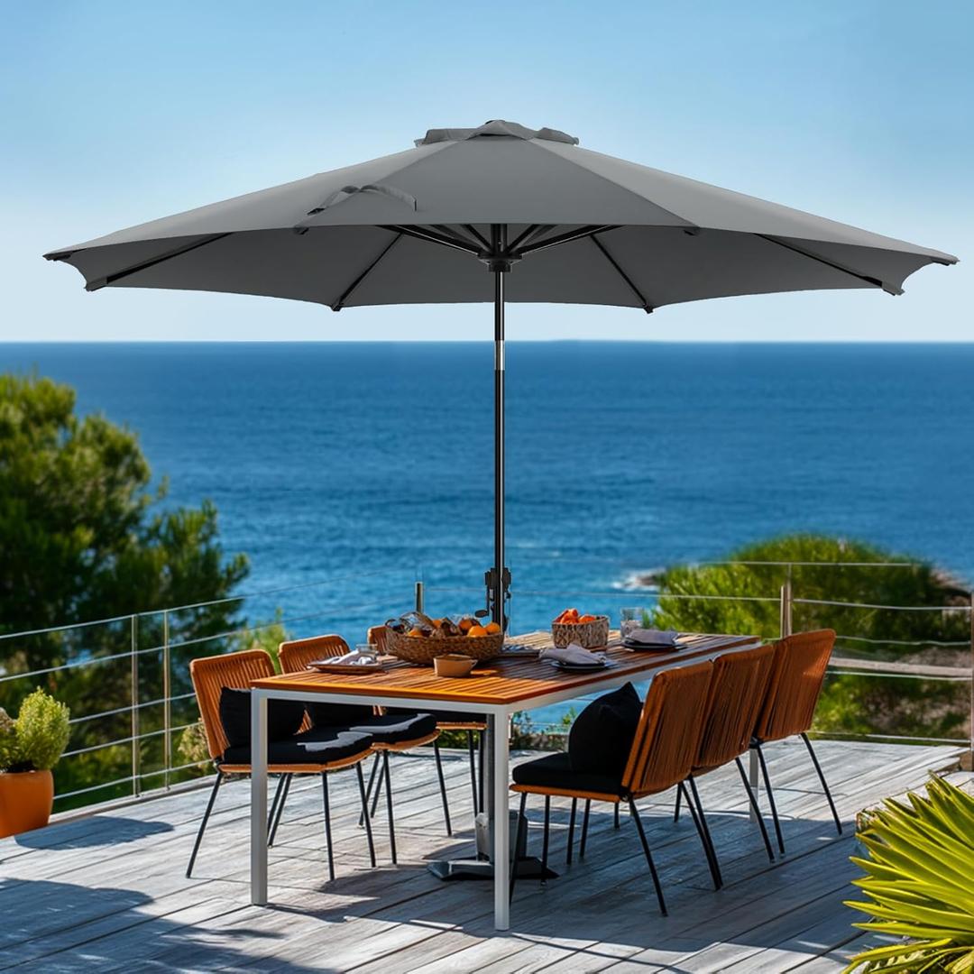 wikiwiki 9 FT Patio Umbrellas Outdoor Table Market Umbrella with Push Button Tilt/Crank, 8 Sturdy Ribs, Fade Resistant Waterproof POLYESTER DTY Canopy for Garden, Lawn, Backyard & Pool, Dark Gray