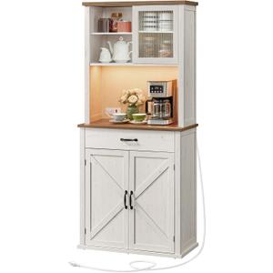 VASAGLE 71" Kitchen Pantry Cabinet with Lights and Charging Station, Coffee Bar Cabinet with Doors and Drawer, Farmhouse Style, Adjustable Shelves, Rustic White UBBK363W12