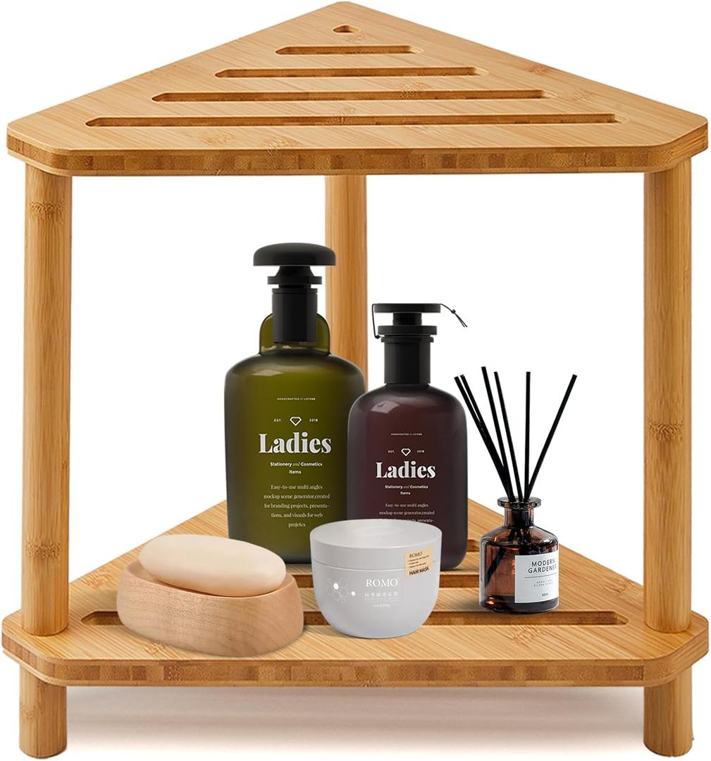 Bamboo Corner Shower Stool,2-Tier Waterproof Shower Stool for Inside Shower Shaving Leg,Small Spaces,Shower Foot Rest with Storage Shelf,Shower Bench,Bath Seat,Corner Nightstand gift for women mom