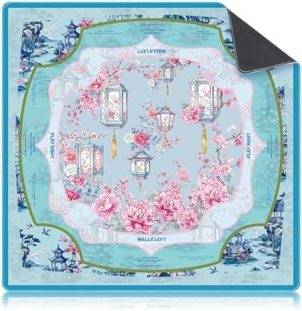 Seenelling Chinoiserie Blue Mahjong Mat 31.5" x 31.5" Non-Slip Noise Reduction Mahjong Table Mat Multi-Purpose Game Table Cover for Mah Jong Card Board Poker Dominoes Tile Games