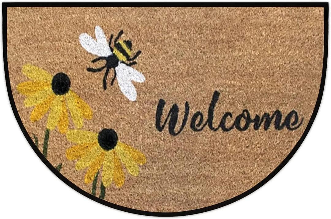 Bee Happy Door Mat Half Round Door Mat Outdoor Entrance,for Outside Entry 18x30 in Wear Resistant Semi Circle Floor Mats Area Rugs for Kitchen