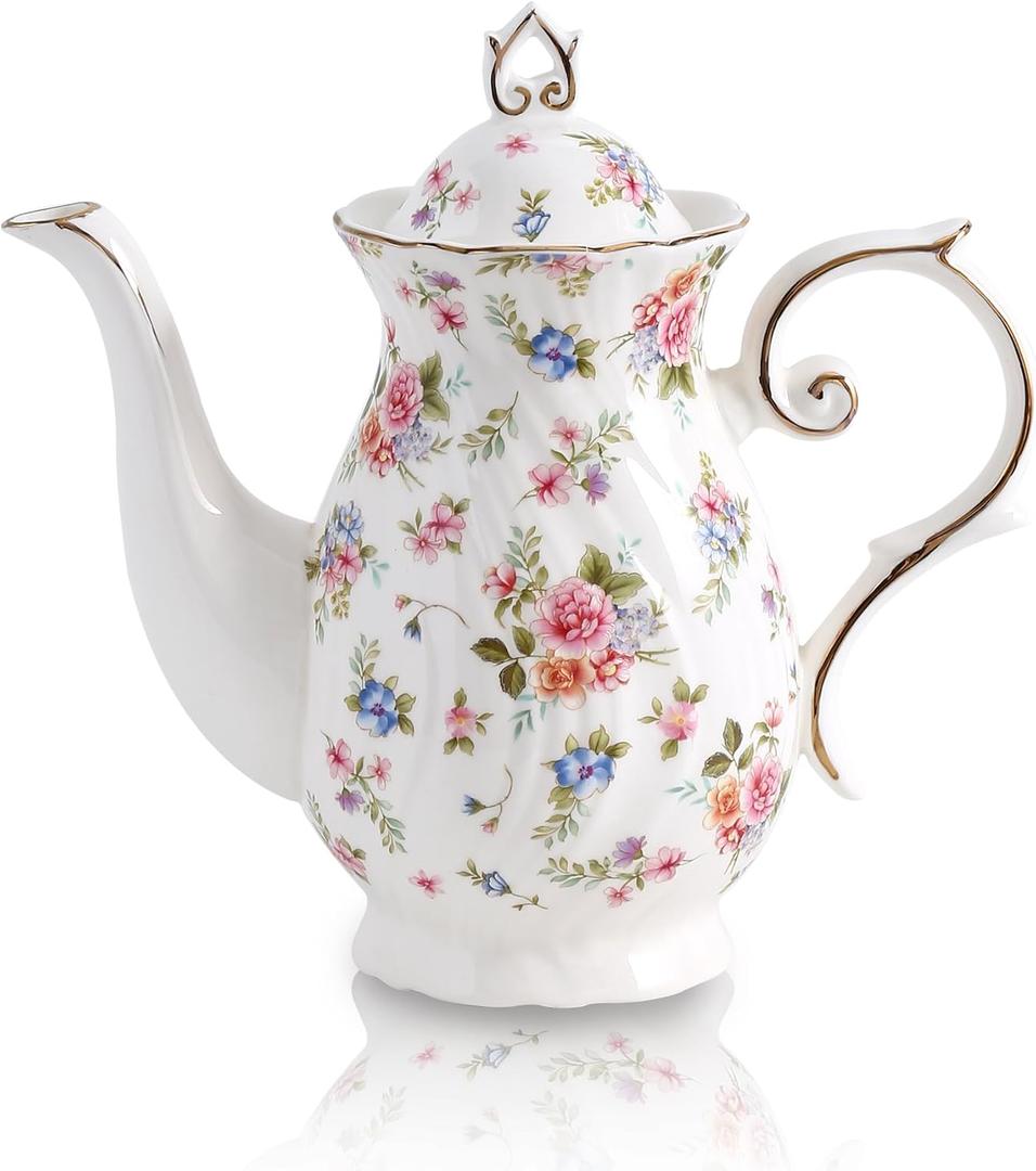 Agyiuns tea pot ceramic, Porcelain teapot with lid, 37oz for Tea, Milk, Coffee, Flower tea (White with small flowers)
