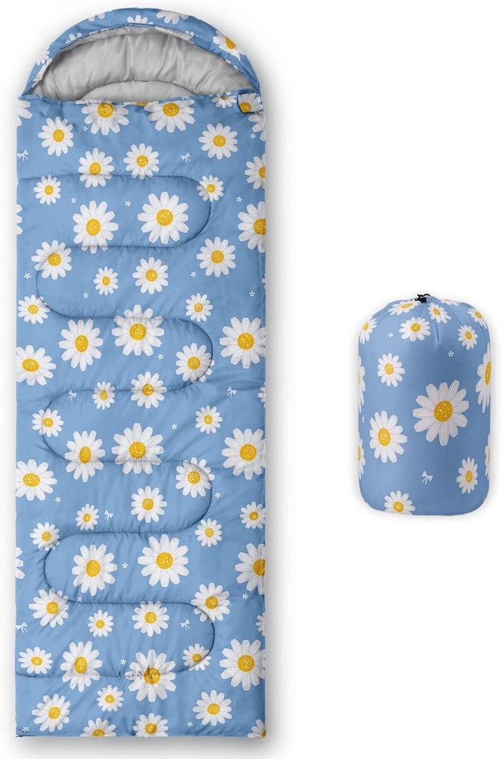 Kids Sleeping Bag for Boys Girls,Rocket Moon Print-Lightweight Warm Portable Outdoor Indoor-Waterproof Cold Weather Resistant Sleeping Bag for Camping Hiking (Daisy)