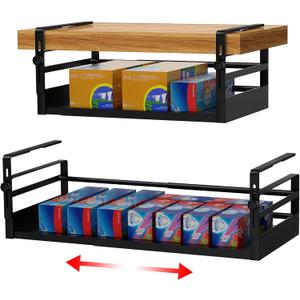 2 Pack Under Shelf Basket Organizer, Adjustable Under Cabinet Shelf Storage, Hanging Holder Length Stretchable 13-21 Inch for Kitchen Pantry Desk Counter Bookshelf Cupboard (Black)