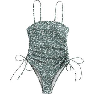 Floerns Women's Floral Print Monokini Swimwear Drawstring One Piece Swimsuit Dark Green XS