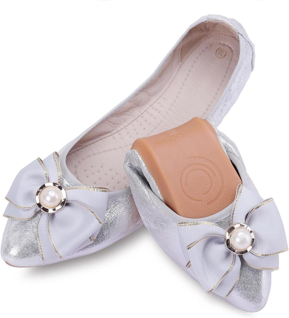Womens Foldable Ballet Flats Bling Rhinestone Pointed Toe Comfort Slip On Walk Work Loafers Bridal Dress Shoes (8.5, 2-silver)