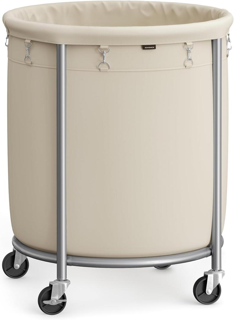 SONGMICS 50.2-Gallon (190 L) Laundry Basket with Wheels, Rolling Round Heavy-Duty Laundry Hamper Cart with Steel Frame and Removable Bag, 2 Locking Wheels, Cream White and Metallic Silver URLS01MZ