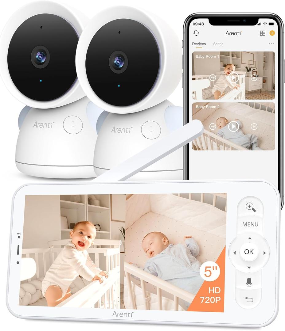 ARENTI 3MP Baby Monitor with 2 Cameras, 5-inch Split Screen Display, WiFi 6 Smartphone App, Night Vision, Cry Detection, Temp & Humidity Sensor, 2-Way Audio (D3 Set)