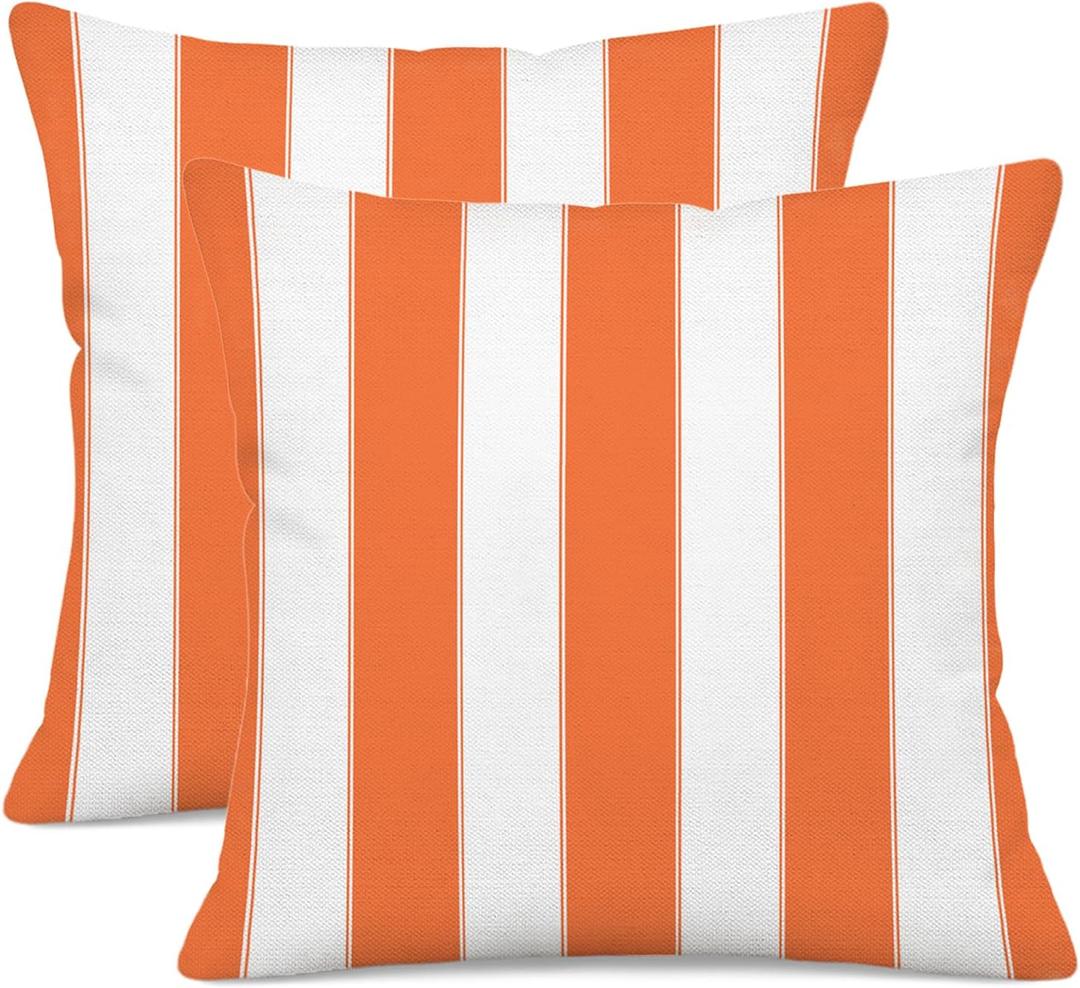 Striped Linen Throw Pillow Covers 16x16 Inch (Set of 2), Orange and White Decorative Pillowcases for Sofa, Couch, Bed, and Outdoor Patio