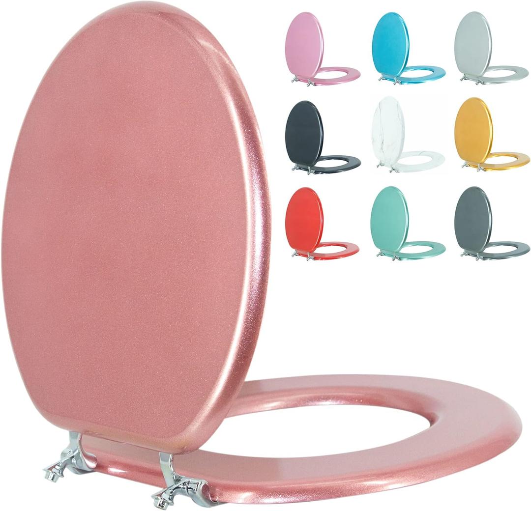 Round Toilet Seat Wood Toilet Seat Prevent Shifting with Zinc Alloy Hinges American Standard Size Toilet Seat Easy to Install, also Easy to Clean Round, Sparkling Queen Red