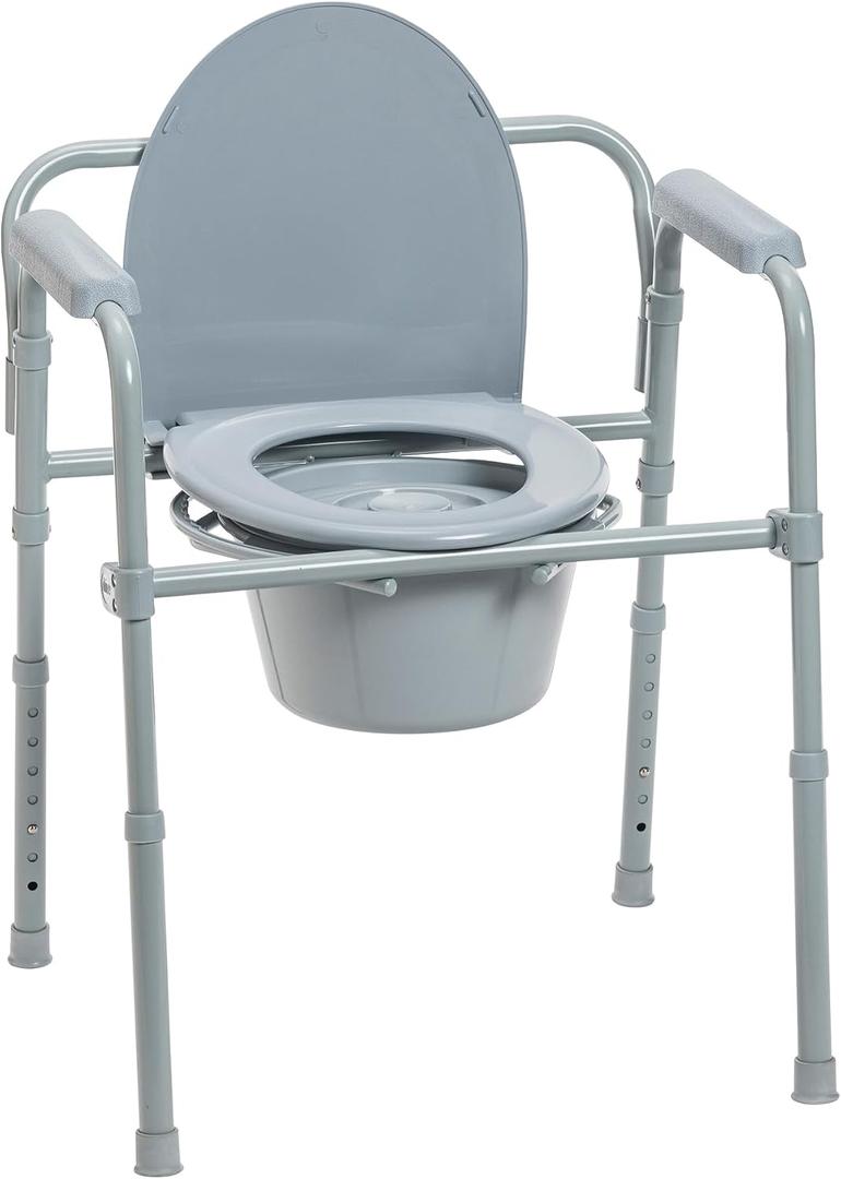 Drive Medical Folding Steel Bedside Commode Chair - Portable 3-in-1 Toilet Solution - Adjustable Height - 7.5 Qt Bucket Included - Durable Powder-Coated Steel Frame - Supports up to 350 Lb (Grey)