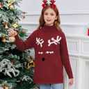 Haloumoning Girls Christmas Sweater Kids Oversized Turtleneck Cute Reindeer Sweaters with Side Slit (Red)